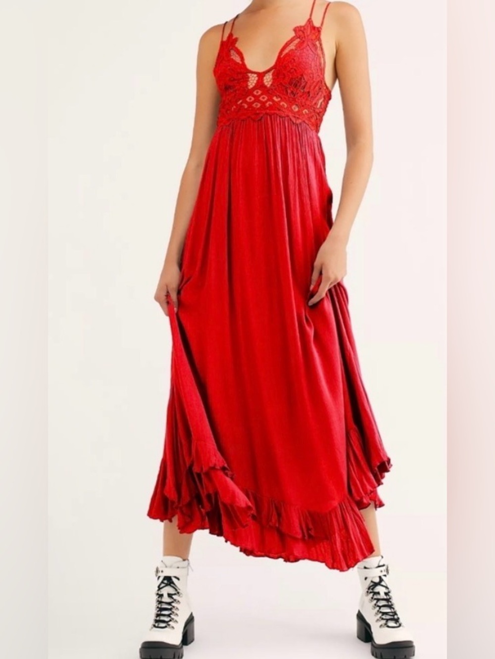 Free People Red Maxi Dress with Lace Bodice
